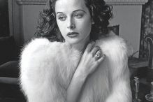 Hedy Lamarr - Glamorous portrait of movie actress Hedy Lamarr wearing white fox fur short jacket.193