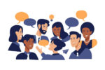 Diverse office people talking at brainstorming business meeting. Professional multi ethnic work colleagues in conversation with speech bubbles on isolated white background