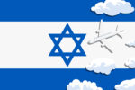 Israel travel concept. Airplane with clouds on the background of the flag of Israel. Vector illustration