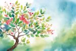 Tu Bishvat tree, copy space on a side, watercolor art style Tu Bishvat tree, copy space on a side, watercolor art style